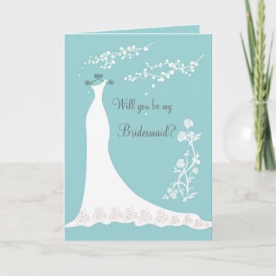 White Wedding gown on aquamarine Bridesmaid Invite Greeting Cards