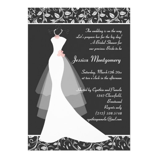 White wedding gown on black Bridal Shower Invite