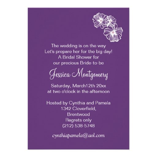 White wedding gown on purple Bridal Shower Invite