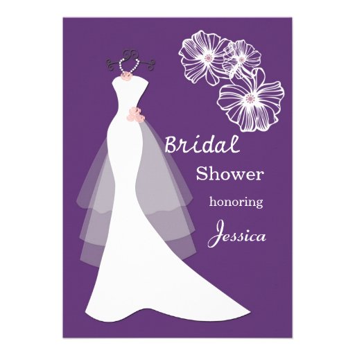 White wedding gown on purple Bridal Shower Invite