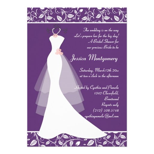 White wedding gown on purple Bridal Shower Invite