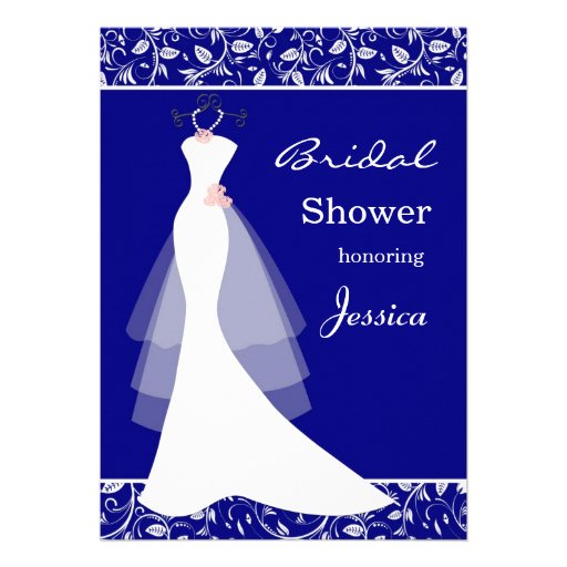 White wedding gown on royal blue  Bridal Shower Personalized Announcements