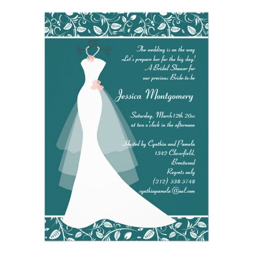 White wedding gown on teal Bridal Shower Invite