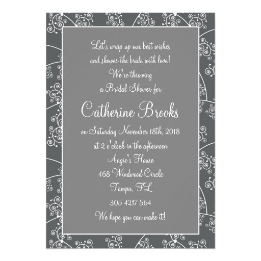 White wedding gown, swirls on black Bridal Shower Card