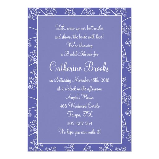 White wedding gown, swirls on blue Bridal Shower Personalized Invitations
