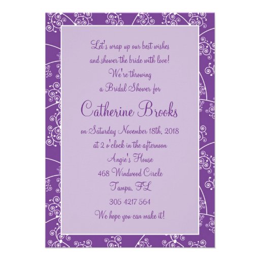 White wedding gown, swirls on purple Bridal Shower Personalized Invitation