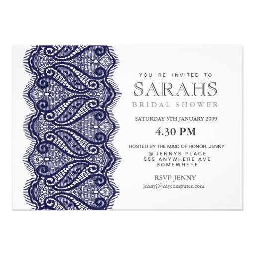 White with Navy Lace Bridal Shower Party Invite