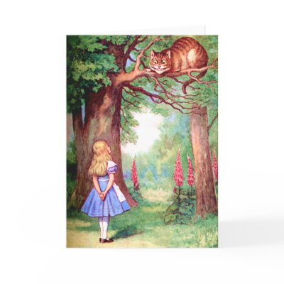 "WHO ARE YOU?" THE CHESHIRE CAT ASKS ALICE. greeting card