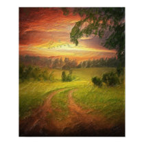 Wiese mit Sonnenuntergang posters