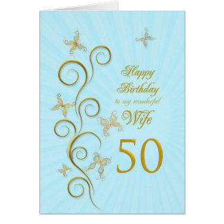 Wife 50th Birthday with golden butterflies Cards Wife 50th Birthday with golden butterflies Cards