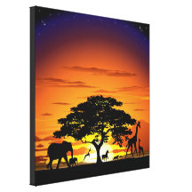 Wild Animals on Savannah Sunset Canvas Print