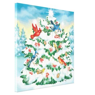 Wild Birds in Nature with Starlit Christmas Tree wrappedcanvas