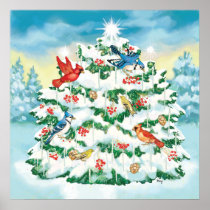 Wild Birds in Nature with Starlit Christmas Tree Print
