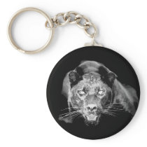 Wild Black Jaguar Cat Roars Keychain
