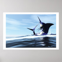 underwater, water, sailfish, ocean, sea, creature, marlin, hunt, swordfish, reef, billfish, animal, background, beautiful, blue, coral, concept, conceptual, escape, exploration, fish, flee, flying, free, freedom, glass, isolated, liquid, lonely, motion, move, life, splash, splashing, spring, swim, tropical, saltwater, sport, fishing, Poster with custom graphic design