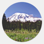 Wild flowers and snowy peak, Mt. Rainer, Washingto Round Sticker