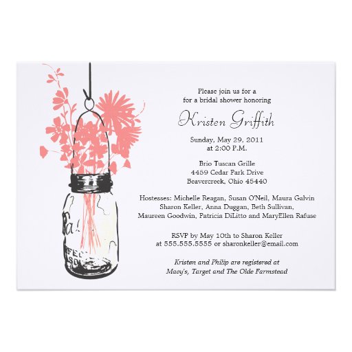 Wild flowers & Mason Jar Bridal Shower Personalized Invitations