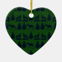 Wild Moose Wolves Pine Trees Rustic Green Navy Christmas Ornaments