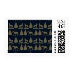 Wild Moose Wolves Pine Trees Rustic Tan Navy Blue Postage Stamps