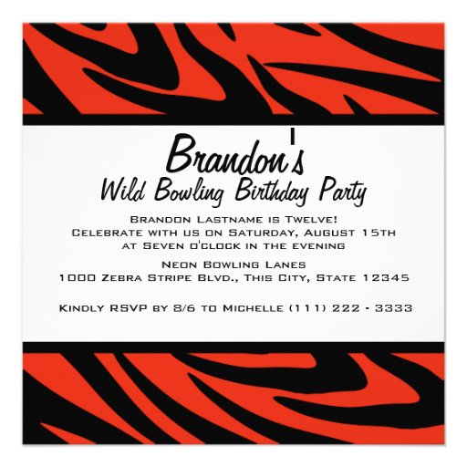 Wild Orange Zebra Stripe Bowling Party Invite
