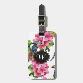 Wild pheasant birds watercolor pink flowers tags for luggage