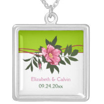 Wild pink rose floral wedding lime green keepsake necklaces