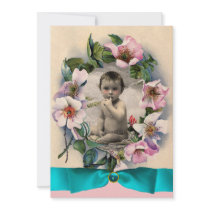 WILD ROSES AND BLUE RIBBON PHOTO TEMPLATE MONOGRAM PERSONALIZED ANNOUNCEMENT