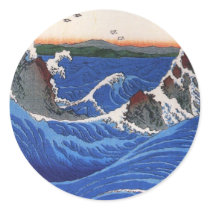 Wild sea breaking on the rocks, Hiroshige Round Stickers