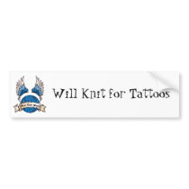 Will Knit for Tattoos Bumper Sticker - New Logo bumper stickers by freakgrl01 Will Knit for Tattoos Bumper Sticker - New Logo bumper stickers