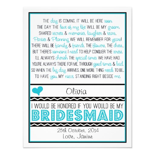Will you be my Bridesmaid? Blue/Black Poem NIECE Invitation