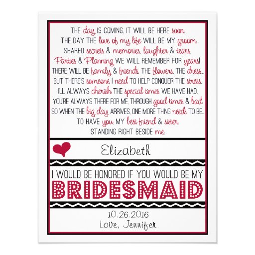 Will you be my Bridesmaid? Deep Red/Black Poem Custom Invitations