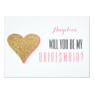 Will You Be My Bridesmaid with gold glittery love heart Invitation