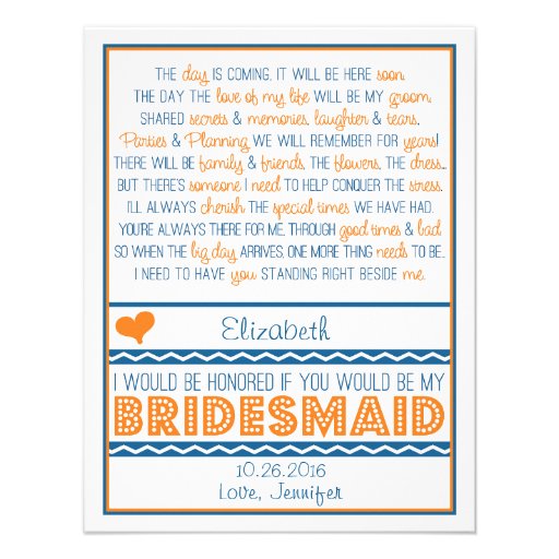 Will you be my Bridesmaid? Navy Blue/Orange Poem Invitation