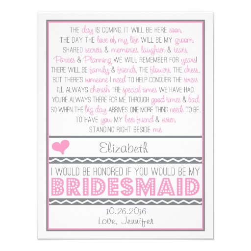 Will you be my Bridesmaid? Pink/Gray Poem Card