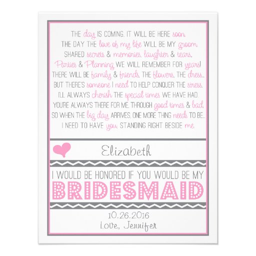 Will you be my Bridesmaid? Pink/Gray Poem Card V2
