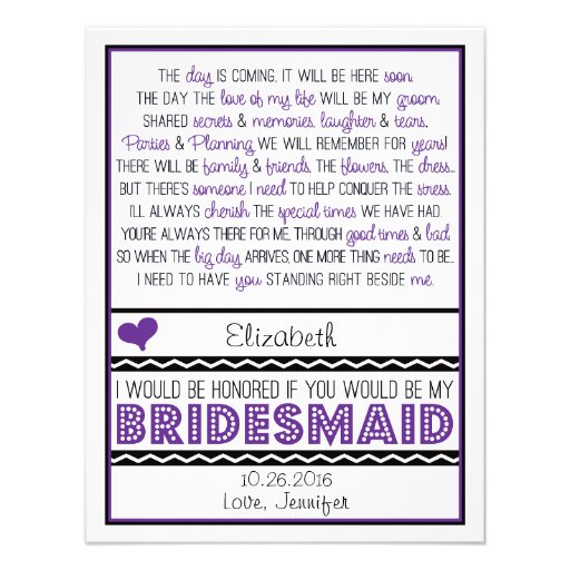 Will you be my Bridesmaid? Purple/Black Poem V2 Personalized Invites