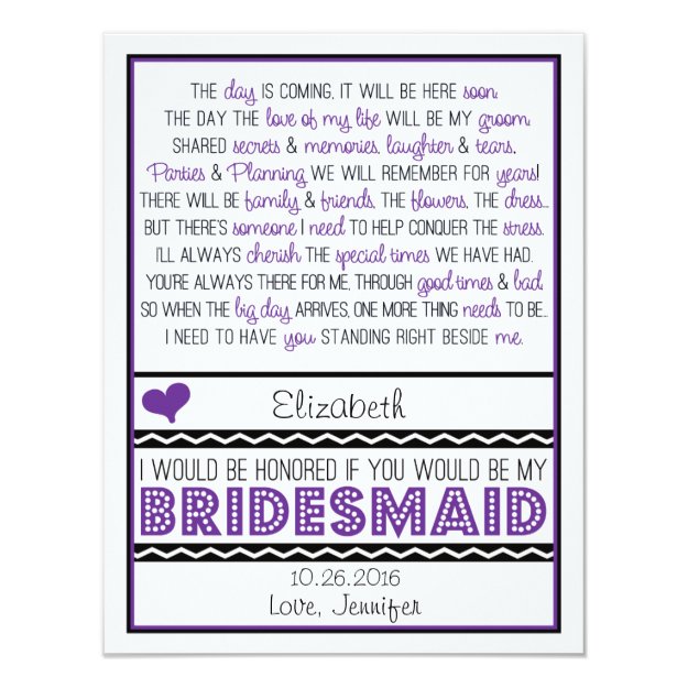 Will you be my Bridesmaid? Purple/Black Poem V2 4.25x5.5 Paper Invitation Card