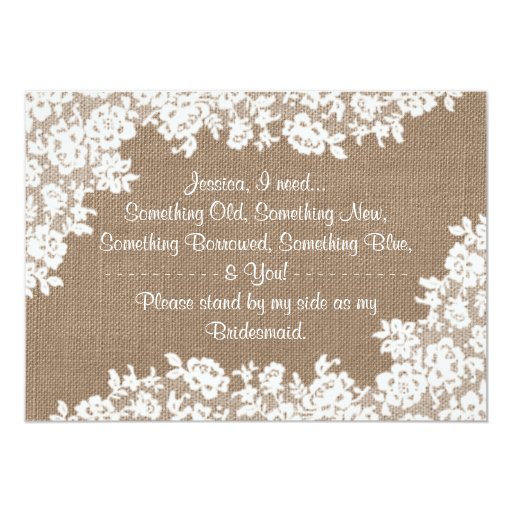 Will You Be My Bridesmaid? Rustic Burlap & Lace Cards