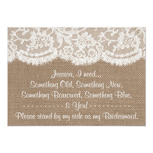 Will You Be My Bridesmaid? Rustic Burlap & Lace Cards