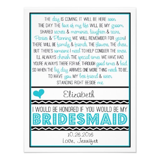 Will you be my Bridesmaid? Turquoise/Black Poem Invite