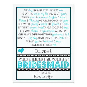 Will you be my Bridesmaid? Turquoise/Black Poem 4.25x5.5 Paper Invitation Card