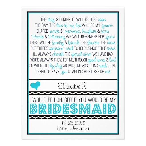 Will you be my Bridesmaid? Turquoise/Black Poem V2 Custom Announcement