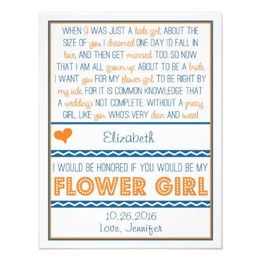 Will you be my Flower Girl? Navy Blue/Orange Poem Announcement