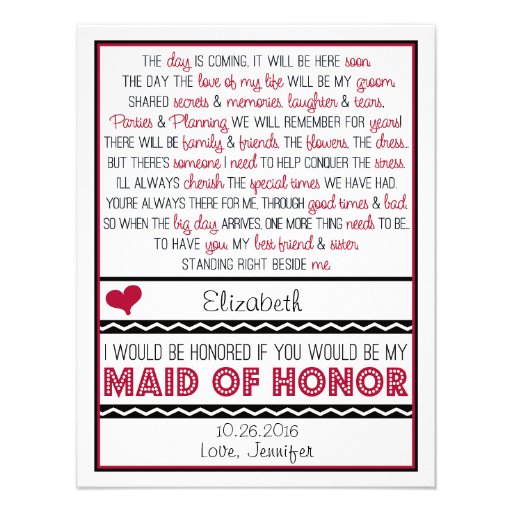 Will you be my Maid of Honor? Deep Red/Black Poem Personalized Announcement