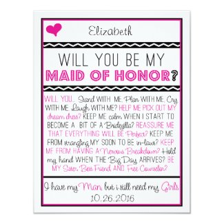 Will you be my Maid of Honor? Pink/Black Collage 4.25x5.5 Paper Invitation Card