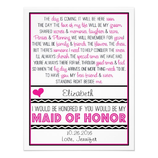 Will you be my Maid of Honor? Pink/Black Poem Card