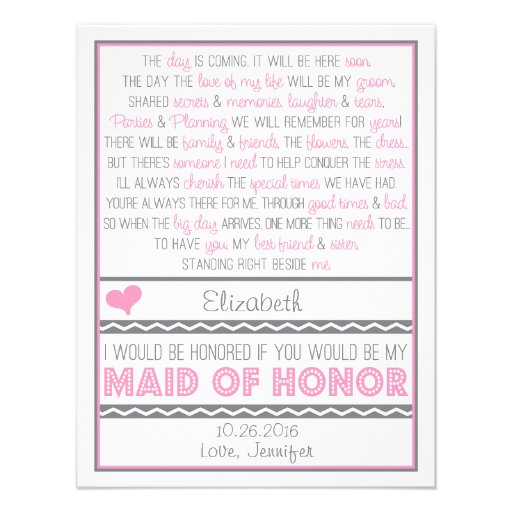 Will you be my Maid of Honor? Pink/Gray Poem Card