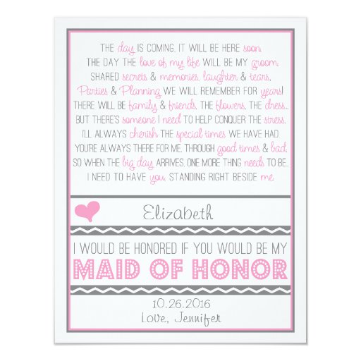 Will you be my Maid of Honor? Pink/Gray Poem V2 Custom Invitation