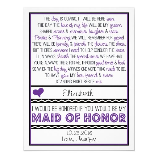 Will you be my Maid of Honor? Purple/Black Poem Personalized Announcement