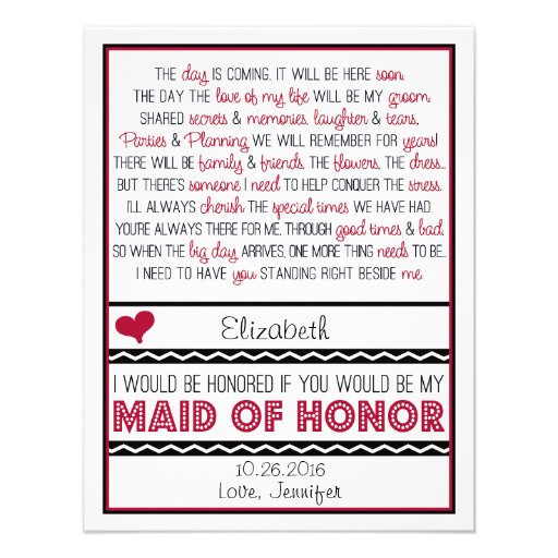 Will you be my Maid of Honor? Red/Black Poem V2 Personalized Announcement